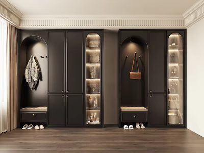 Modern Black Shoe Cabinet In Home Entryway With Hanging Area Bench And Glass Doors 3d model