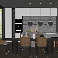 Modern Open Concept Restaurant Featuring Long Dining Table Amber Chairs Pendant Lights And Large Windows 3d model