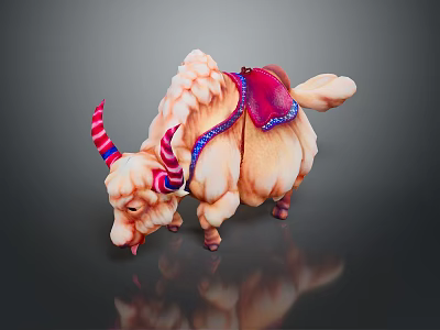 Fluffy Pink Creature With Colorful Striped Horns And Red Decorative Saddle 3d model