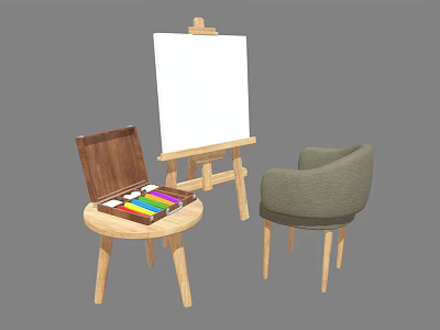 Creative Art Supplies Arrangement With Easel Open Paint Box Wooden Stool And Gray Chair 3d model