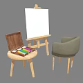Creative Art Supplies Arrangement With Easel Open Paint Box Wooden Stool And Gray Chair