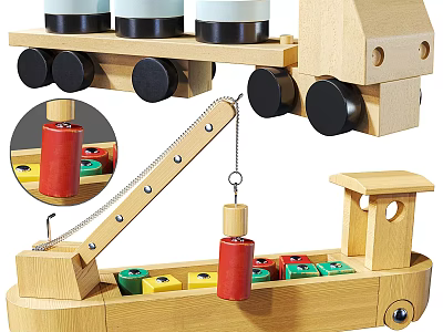 Wooden Building Blocks Construction Toy With Crane Structure And Colorful Blocks 3d model