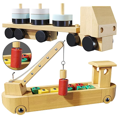 Wooden Building Blocks Construction Toy With Crane Structure And Colorful Blocks 3d model