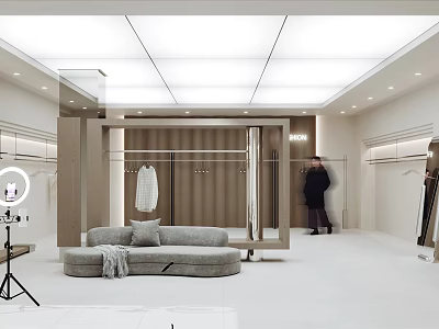 Modern Minimalist Clothing Store Interior With Clothing Racks Sofa And Mirror 3d model