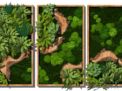 Vertical Green Plant Wall With Wooden Frames And Diverse Indoor Plants 3d model