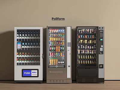 Three Vending Machines Display Poliform Fusion Mix And Various Beverages Snacks 3d model