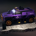 Purple Armored Vehicle with Yellow Wheels and White Emblem Near Trash Can in Dark Setting