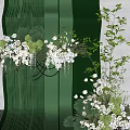 Floral Display With Artistic Green Structured Backdrop White Flowers And Lush Foliage Modern Decorative Arrangement