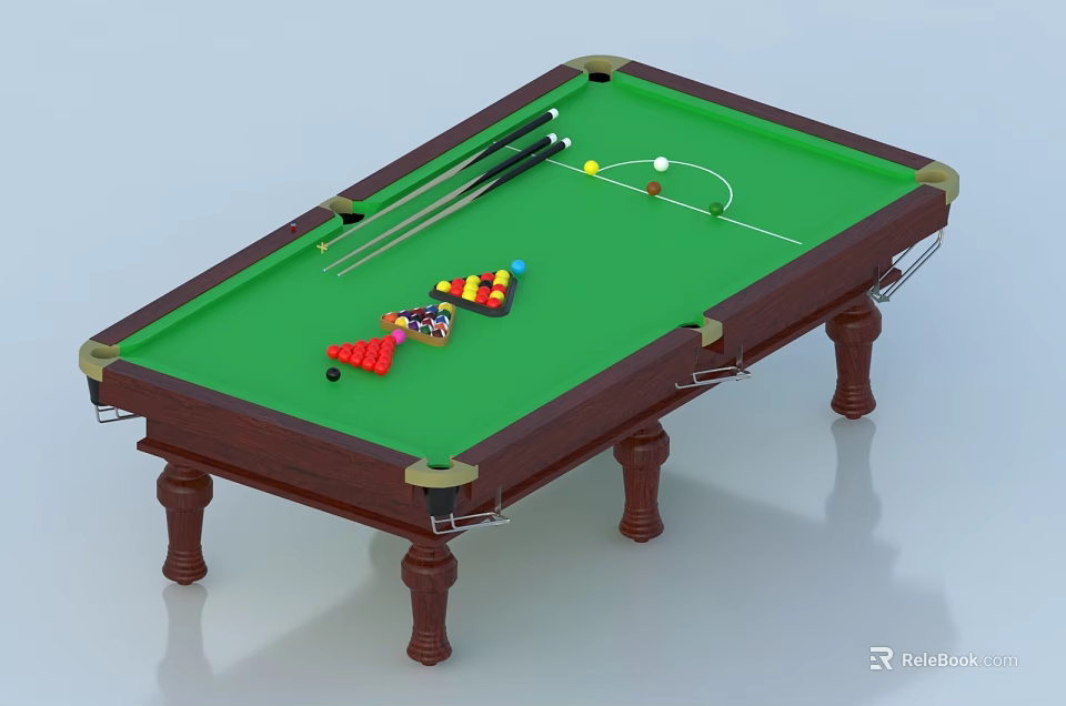Premium Billiard Table With Green Felt Surface Wooden Legs Cues And Colored Balls 3d model 
