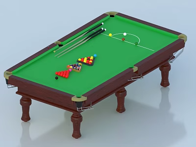 Premium Billiard Table With Green Felt Surface Wooden Legs Cues And Colored Balls 3d model