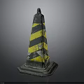 Worn Traffic Cone With Yellow Black Stripes Square Base And Top Loop