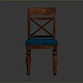 Wooden Chair With Cross Back Design Blue Upholstered Seat And Carved Legs