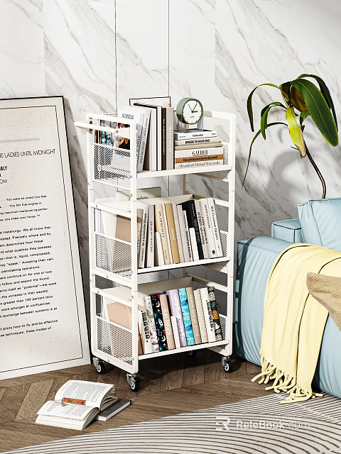 Multi Tiered White Bookshelf With Books Magazines Clock Plant And Sofa In Living Room 3d model 