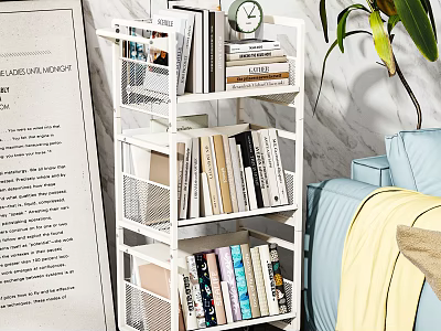 Multi Tiered White Bookshelf With Books Magazines Clock Plant And Sofa In Living Room 3d model