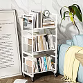 Multi Tiered White Bookshelf With Books Magazines Clock Plant And Sofa In Living Room