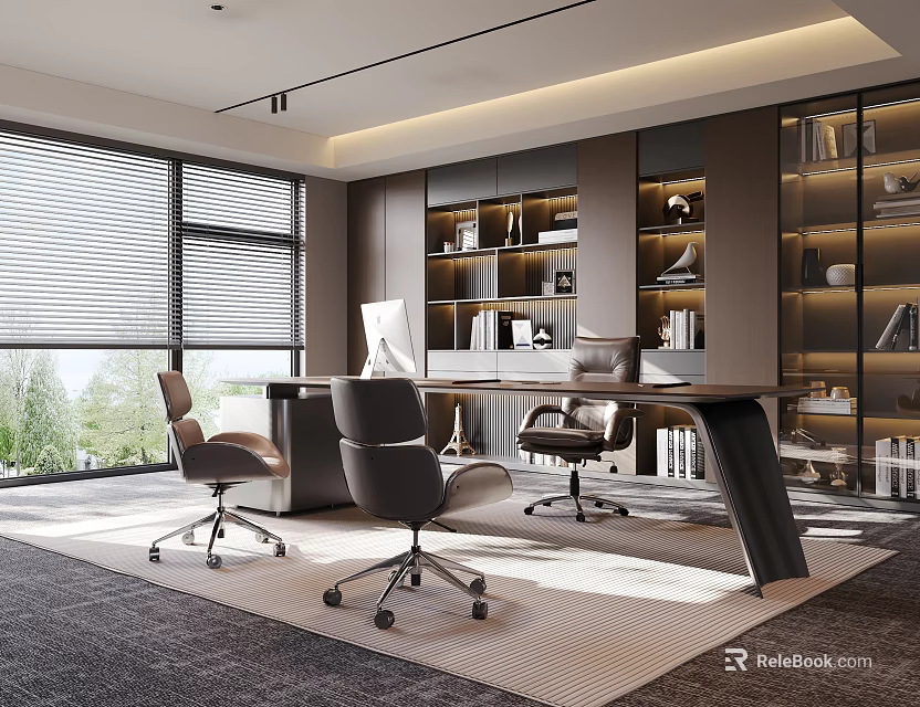 Stylish Modern Office Interior With Large Windows Blinds Bookshelves Desk And Chairs 3d model 