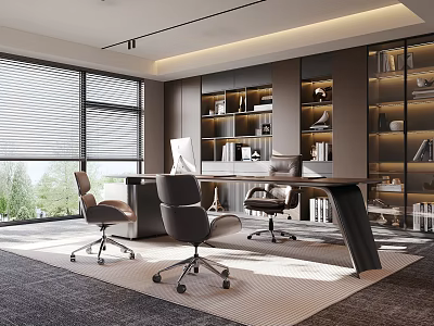 Stylish Modern Office Interior With Large Windows Blinds Bookshelves Desk And Chairs 3d model