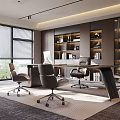 Stylish Modern Office Interior With Large Windows Blinds Bookshelves Desk And Chairs