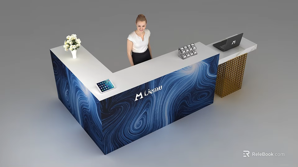 Blue And White Reception Desk With Wave Pattern Laptop Tablet Flower Vase Lorent Logo 3d model 