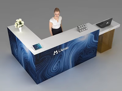Blue And White Reception Desk With Wave Pattern Laptop Tablet Flower Vase Lorent Logo 3d model