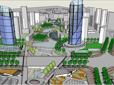 Vibrant Commercial Street With Tall Buildings Green Areas Water Features And Trees 3d model