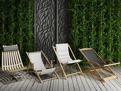 Stylish Deck Chairs In Various Designs On Wooden Deck With Green Leafy Wall 3d model