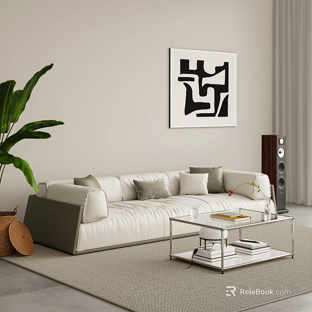Modern White Sofa And Coffee Table Set With Glass Cushions Green Plant And Abstract Painting 3d model 