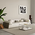 Modern White Sofa And Coffee Table Set With Glass Cushions Green Plant And Abstract Painting