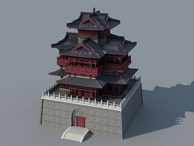 Ancient Architecture Traditional Tower With Red Wooden Structure Stone Base And White Railings 3d model