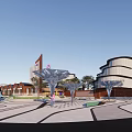 Scenic Commercial Landscape With Red Brick Brand Stores Steps Trees Blue Mascot And Lights