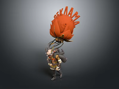 Small Adventurous Character Carrying Large Orange Flame Shaped Creature Fantasy Design 3d model