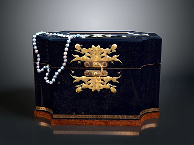 Dark Blue Jewelry Box With Gold Ornament And Pearl Necklace Accessory 3d model