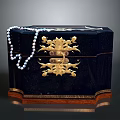 Dark Blue Jewelry Box With Gold Ornament And Pearl Necklace Accessory