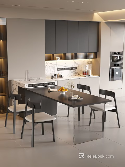 Modern Black Dining Chairs With White Cushions In Kitchen Dining Area 3d model 