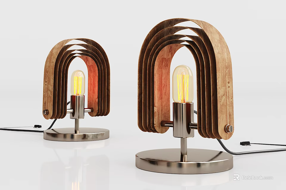 Modern Wooden Curved Table Lamps With Metal Base And Exposed Bulb Design 3d model 