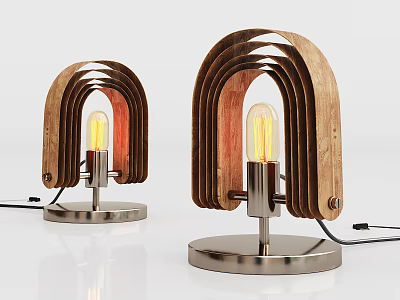 Modern Wooden Curved Table Lamps With Metal Base And Exposed Bulb Design 3d model