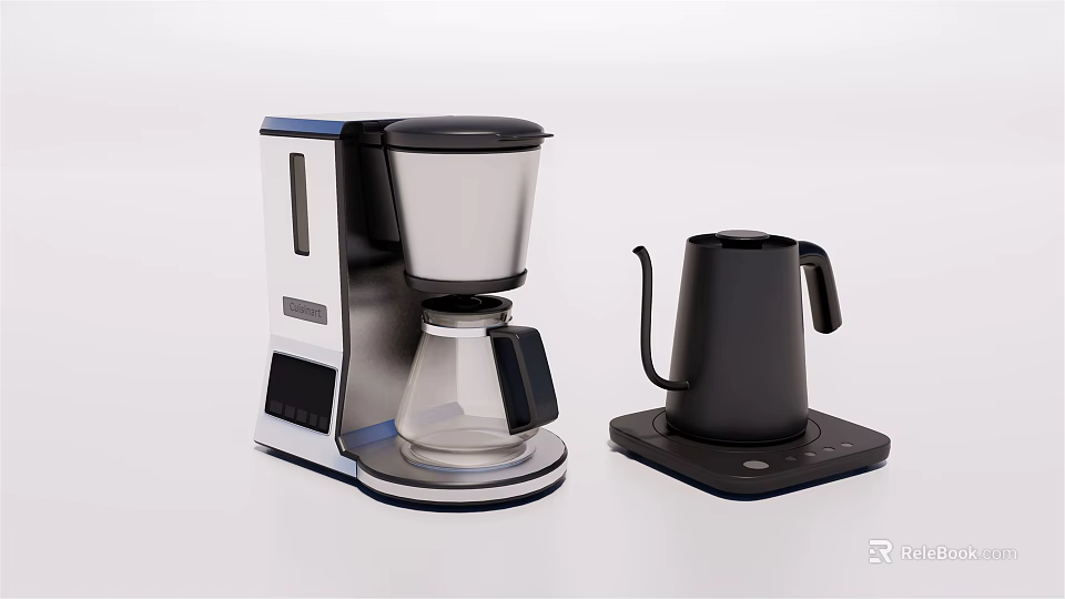 Modern Stainless Steel Coffee Maker with Glass Carafe and Black Electric Kettle Kitchen Appliances 3d model 