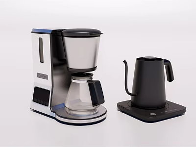 Modern Stainless Steel Coffee Maker with Glass Carafe and Black Electric Kettle Kitchen Appliances 3d model