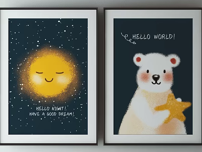 Cute Cartoon Decorative Posters With Sun Starry Sky Polar Bear And Star 3d model