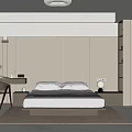 Modern Bedroom Interior With Platform Bed Beige Walls Desk Chair Blinds And Round Ceiling Light