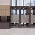 Modern Public Facility Open Kitchen Design With Wooden Cabinets Glass Partitions And Chairs