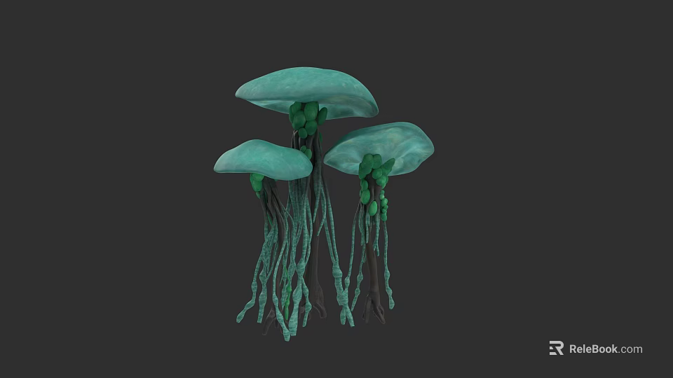 Three Green Mushroom Sculptures With Long Stems And Round Caps 3d model 