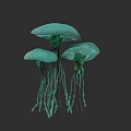 Three Green Mushroom Sculptures With Long Stems And Round Caps