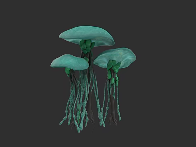 Three Green Mushroom Sculptures With Long Stems And Round Caps 3d model