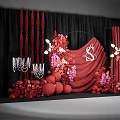 Elegant Wedding Decor With Red Drapery Black Background And Floral Arrangements 3d model
