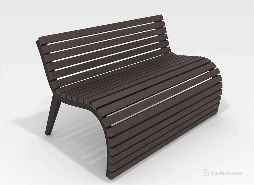 Outdoor Bench Featuring Dark Brown Wooden Slats Curved Modern Design And Black Legs 3d model 