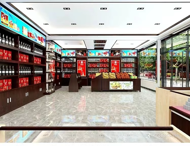 Well Lit Modern Tobacco And Wine Store Interior With Neat Full Product Display Shelves 3d model 