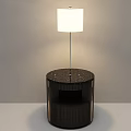 Modern Table Lamp With White Lampshade On Vertical Striped Dark Wooden Nightstand In Minimalist Interior