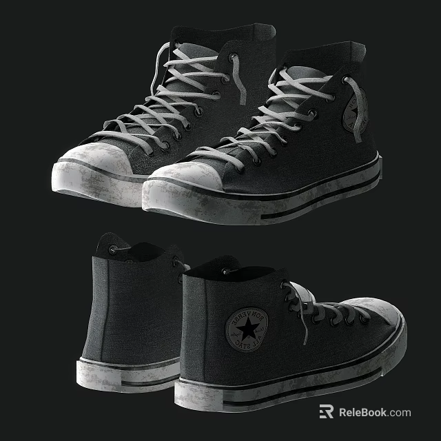 Black High Top Canvas Shoes With White Soles And Star Logo Design Lace Up Style 3d model 