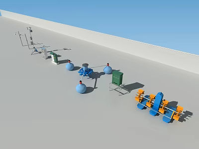 Industrial Machinery Setup With Blue Containers Green Units And Yellow Components 3d model